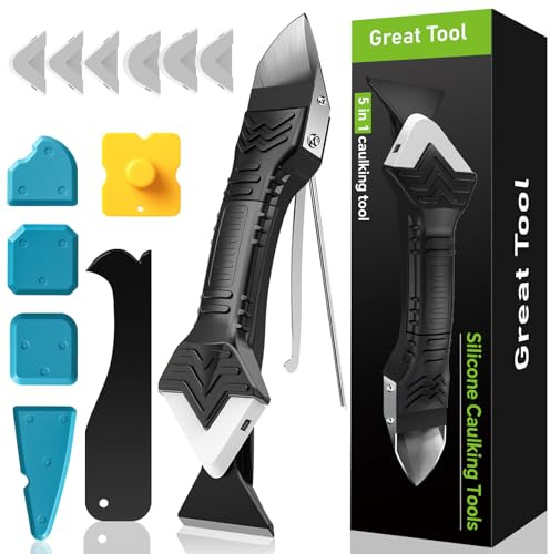 5 in 1 Silicone Caulking Tool Kit, Caulk Remover Tool with Stainless Steel Head,Caulk Finishing Tool with Different Angles,Grout Removal Tool for Kitchen Sink Washroom Bathroom Toilet Caulking (White)