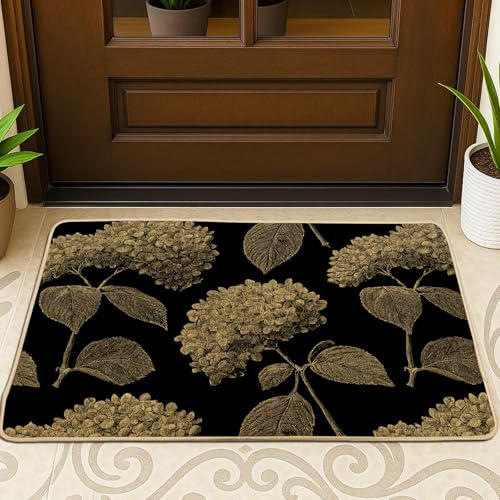 Paillasson motif hortensia, élégant et vintage, motif floral, noir, antidérapant, pour porte d'entrée, terrasse, 73,6 x 43,2 cm