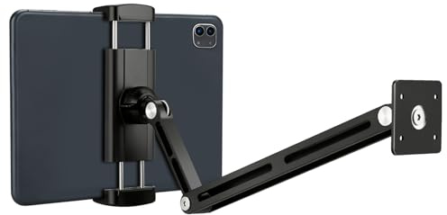 VINATO Supporto Tablet Muro Regolabile 360°, Porta Tablet da Parete Robusto in Alluminio, Pieghevole Supporto da Parete per iPad Telefoni da 4,7-13, per Cucina Palestra Ufficio, Nero