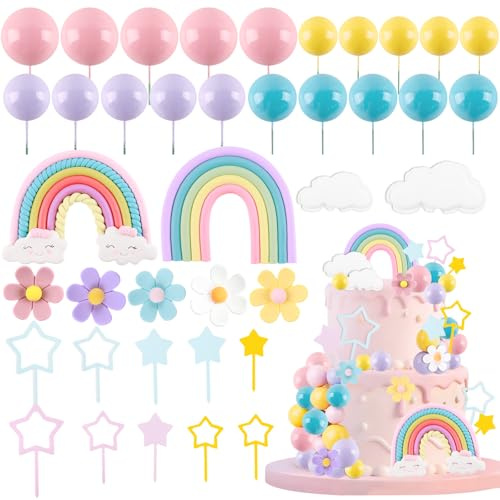 Tazuxetuqe Rainbow Cake Topper Groovy Cake Decorations with Macaroon Balls Cake Toppers Daisy Flower Cake Decorations Rainbow Theme Cake Cupcake Decors with Cloud Stars for Bohemian Hippie Wedding