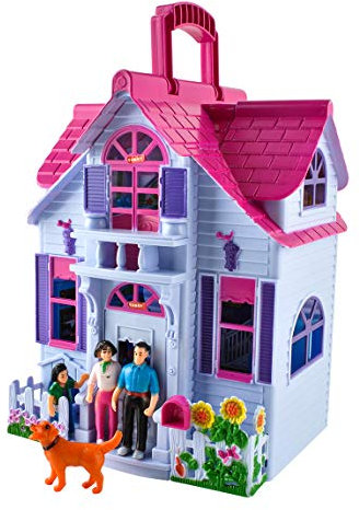 Puppenhaus Klappbar 6 Zimmer Möbel Figuren Familie mit Hund Spielzeug Tragbar 6079