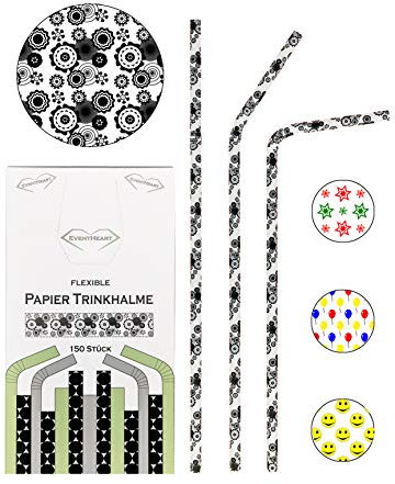 EventHeart - 150 Stück flexible Papier Trinkhalme Blumen, 24cm lang, biologisch abbaubare Strohhalme