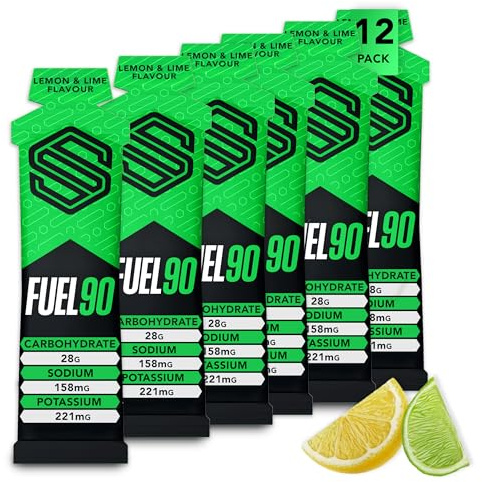 FUEL90 Energy Gel von Soccer Supplement – ​​Schnell freisetzendes Energiegel mit einer doppelten Kohlenhydratquelle für eine schnellere Absorption. Zitrone und Limette - 12x 70 g Gele