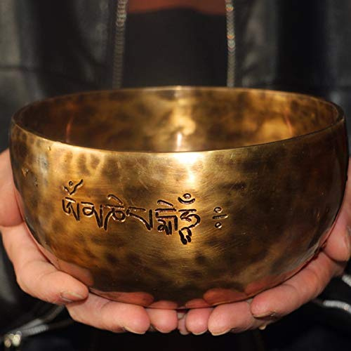 Profesional Sonido OM Cuenco tibetano Set Full Moon Yoga Meditación tazón de mezcla de metales múltiples, hecho a mano en Nepal con un palillo del tambor, Canto Cojín Bowl y Striker, Recuerdos,15cm