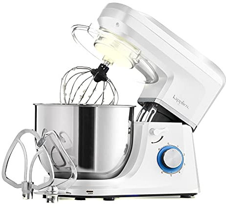 Kapplico 1800W Stand Mixer with Large 7L Stainless Steel Bowl and 3 Attachments - Whisk, Beater and Dough Hook, Splash Guard, 6 Speeds, Non Slip Feet, White