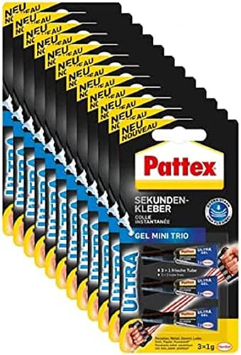 Pattex Sekundenkleber Ultra Gel Mini Trio, extra starker & flexibler Superkleber in 3 Tuben, Sekundenkleber Gel für z. B. Gummi, Leder, Holz, 12 x 3 x 1g