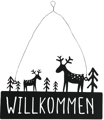 RiloStore 38x24cm Schild Metall Willkommen schwarz b083 Herbstdeko Hirsche Weihnachtsdeko Türschild Türkranz Metallhirsche Geschenk Türhänger Eingang Deko