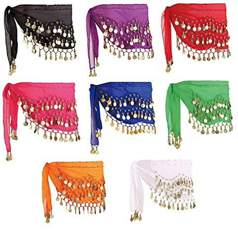 MOLFUJ 8 Pcs Belly Dance Hip Scarf, Belly Dancing Skirt with 128 Gold Coins, Belly Dancer Belt Scarf Skirt for Women 8 Bright Colors