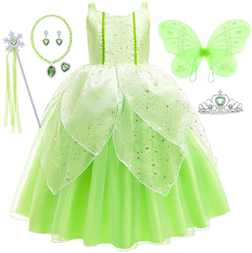 IWFREE Tinkerbell Kostüm mit Flügeln für Mädchen Dress Up Halloween Weihnachten Karneval Fancy Geburtstag Party Grün Tüll Maxi Pailletten Feenkleid und Zubehör Set Kinder 2-12 Jahre