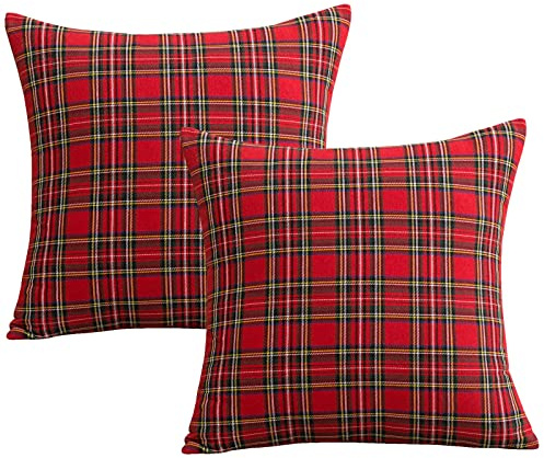 2 er Kissenbezug Weihnachten Set, Qelus Kariert Plaid Kissenhülle 45x45cm, Weihnachtskissenbezug Dekorative Kissenbezüge Baumwolle Polyester, für Wohnzimmer Sofa Schlafzimmer (Rot Kleine Kariert)