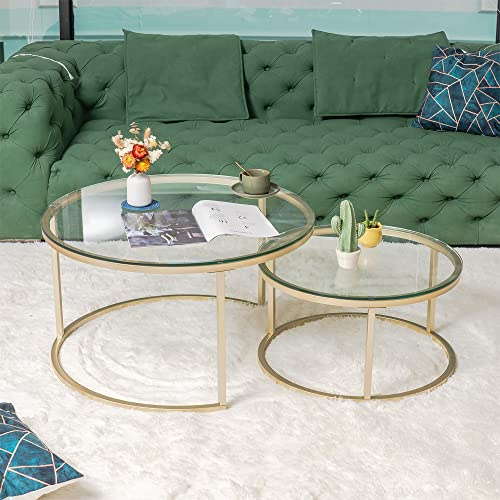 HJhomeheart Conjunto de 2 Mesas de Centro Redondas, Mesas de Centro, Grande: 80 x 80 x 45 cm; Pequeña: 60 x 60 x 35 cm, Mesa Auxiliar Redonda, Tapa de Mesa de Vidrio Templado