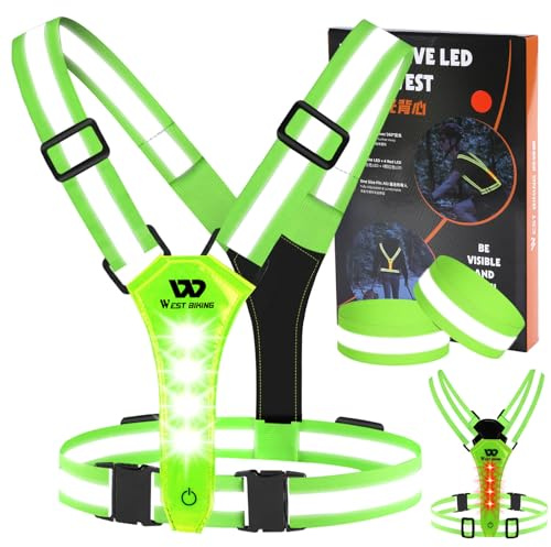 West Biking Giubbotto catarifrangente per bicicletta, con luce a LED, ricaricabile tramite USB, per jogging, jogging, gilet riflettente, elastico regolabile, luce da corsa per adulti, bambini, cane