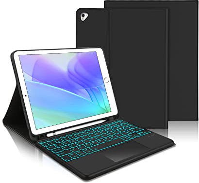 Tastatur für iPad 6. Generation Con Touchpad - Hülle Tastatur für iPad 9.7, Magnetisch Abnehmbarer Beleuchtung QWERTZ Bluetooth Keyboard für ipad 6. Gen 2018, 5. Gen, Pro 9.7, Air 2 & 1, Schwarz