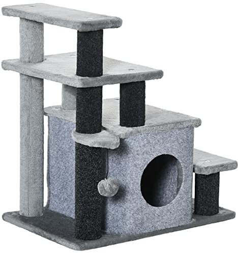PawHut Hundetreppe 3/4 Stufen 66 cm Hoch Haustiertreppe mit Schlafhöhle, Rampe, Sipielball, Katzentreppe für mittelgroße Katze Hunderampe Einstiegshilfe für Bett, Sofa, Couch, Grau