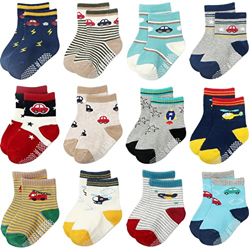 Aroveea Chaussettes pour Tout-Petits Anti-Dérapantes - Chaussettes de Coton Mignonnes pour Bébés, Pack de 12, Garçons et Filles