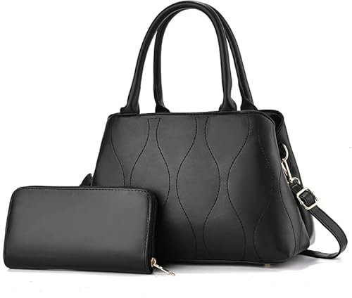 compulsoryking Set di borse da donna in pelle verniciata con cuciture classiche a tracolla e portafogli, borsa da lavoro alla moda, 2 pezzi, nero, 30x13x20cm