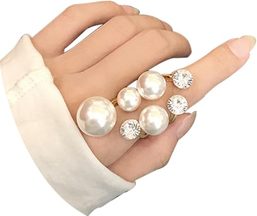 Vintage Crystal Pearl Rings for Women: Stacking, Promise, Open, Trendy Statement Jewelry Gifts (A)