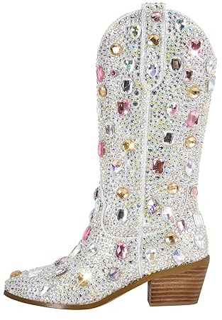 MissHeel Botines de vaquero brillantes con tacón de embudo con purpurina, botas occidentales decoradas con piedras preciosas, plata, 40 EU