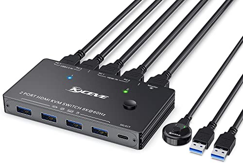 NAWEN Switch KVM USB 3.0 8K, commutazione KVM HDMI 2 porte, supporta una risoluzione di 7680 x 4320@60 Hz, 3840 x 2160 @ 120Hz per 2 computer, mouse, tastiera e monitor