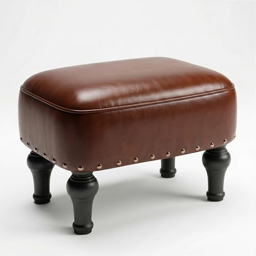 Cmishe Repose-pieds ottoman en cuir avec assise rembourrée en mousse épaisse, repose-pieds avec pieds en bois (marron)