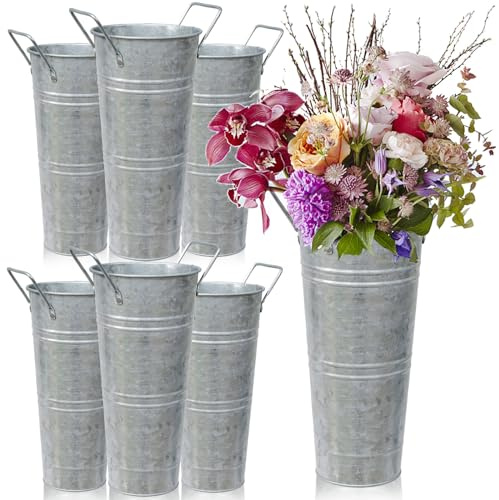 6pcs 9inch-Galvanized Metal Vases Farmhouse French Flowers Bucket Vase with Handles Rustic Tin Flower Holder for Cut Plants Housewarming Gift for Balcony Garden Courtyard