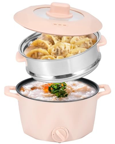 Electric Hot Pot with Stainless Steel Steamer, 2L Portable Non-Stick Mini Multifunctional Cooker, 2 Gear Rapid Noodles Cooker, Travel Electric Skillet for Stir Fry Raman Soup Noodles Steak(pink)