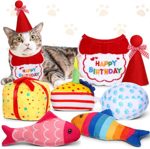 Glimin 7-teiliges Geburtstagskuchen-Katzenspielzeug-Set, Geburtstags-Thema, Katzenminze, Spielzeug, Katze, Geburtstagshut, Schal, Katze, Geburtstagsgeschenk, interaktives Katzenspielzeug,
