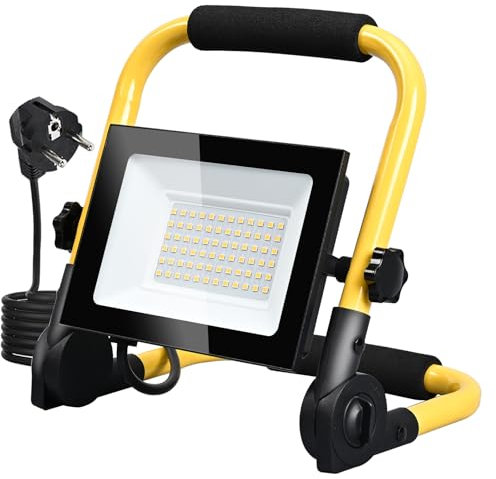 MOLVCE Faretto LED da costruzione, 50 W, 3000 K, luce bianca calda, pieghevole, con cavo di alimentazione e spina 3 metri, IP66, impermeabile, adatto per cantieri, officine
