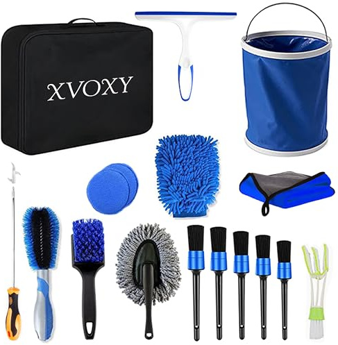 Xvoxy Car Cleaning Kit 17pcs - Premium Car Washing Kit - Car Cleaning Products - Interior & Exterior Car accessories (11L Bucket, Wheel Brush) - Car detailing Kit - Car Care Kit Gift for Men/Women