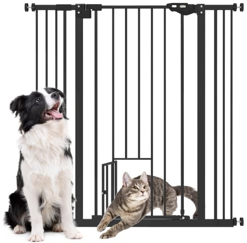 PawHut Barrera de Seguridad para Perros con 1 Puerta Pequeña 74-101x104,1 cm Barrera para Mascotas Extensible con Cierre Automático y Sistema de Doble Bloqueo para Puerta Pasillo Escalera Negro