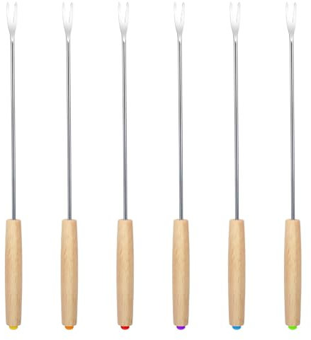 PEOVLVN 6 tenedores de fondue de acero inoxidable, varillas de fondue de queso codificadas por colores de 9.5 pulgadas, resistentes al calor, tenedores de fondue con mango de madera para fuente de