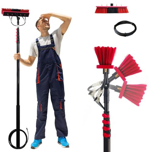 3.6-6m Perche Télescopique de Nettoyage,Toiture et Panneaux Solaires,Brosse Telescopique de Nettoyage,Kit Professionnel avec Barre de Lavage à Pulvérisation d'eau(Size:5.4M,Color:35cm Brush Head)