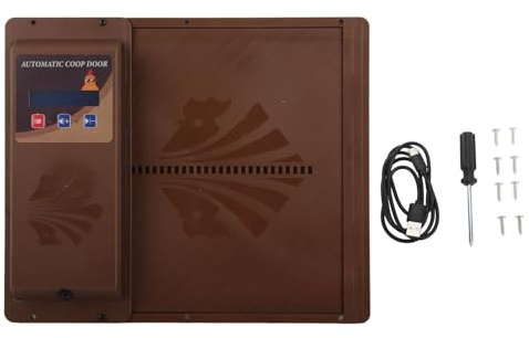 Automatic Chicken Coop Door Opener Rustproof Horizontal Opening LED Screen Automatic Chicken Door with Timer for Ducks (Brown)