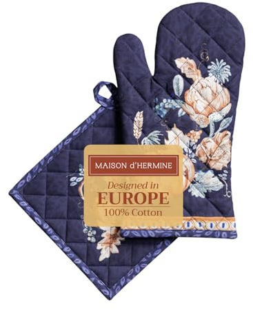 Maison d'Hermine Ofenhandschuh(19cm x 33cm) & Topflappen(20cm x 20cm) Küchenhandschuh aus 100% Baumwolle Topflappen, hitzebeständig für Bankett, Pumpkin Blues - Thanksgiving/Weihnachten