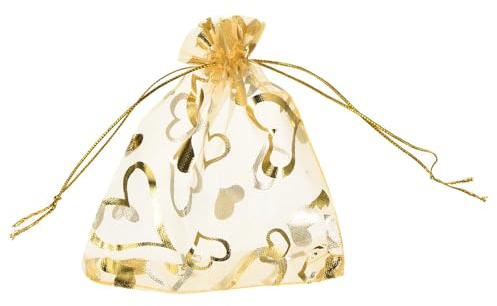 QUARKZMAN 50 stycken organzapåsar, 13 x 18 cm presentpåsar smyckespåse hjärtmönster nätpåsar med dragband, organzapåsar för bröllop fest jul godis, guld