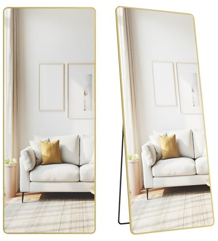 SONGMICS Ganzkörperspiegel, 165 x 60 cm, rechteckiger Standspiegel | Rahmen aus Aluminiumlegierung, Hartglas, für Schlafzimmer, Wohnzimmer, Garderobe, Blassgold, BERIT Kollektion LFM038AB01