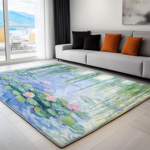 Tappeto Classico Soggiorno Dipinto Ad Olio, Stagno Di Loto, Salice Piangente 140 x 200 cm Lavabile in Lavatrice Tappeto Pelo Corto Antiscivolo Tappeti Salotto Blu, per Camera Sala da Pranzo Cameretta