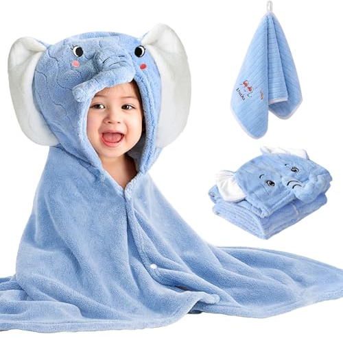 Baby handduk huva badhanddukar 80 x 120 cm, baby badhandduk Uce-handduk barnset, superabsorberande badrock, handduk med huva och 25 x 50 cm handdukar pojkar och flickor (blå)