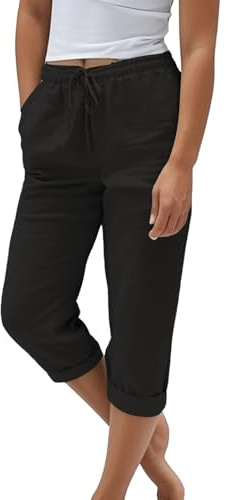 Nuoke Damen Shorts Sommer, Sommerhose Damen Leicht Sommer Leinen Shorts 2025 Musselin Kurze Hose Beach Hosen Mit Taschen Stoffhose Kleid Stretch Gerades Bein Kordelzug Leinenhose Bluse, schwarz L