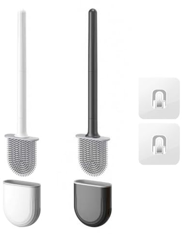 Homshsjhkis 2 Pcs Scopino WC Silicone, Spazzolone Spazzola WC Bagno Supporto da Parete, Morbido Scopino Bagno Piatto Senza Fori, Montaggio Parete/in Piedi, Set di Spazzole per WC, Flessibile Durevole