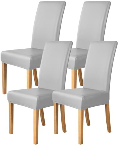 Esszimmer Stuhlhussen Elastischem PU-Leder 2er-/4er-/6er-Set,Einfarbige Wasserdichte Stuhlhussen für Esszimmerstühle,Universelle Stuhlschutzbezüge für Restaurants Küchen und Hotels(Light Gray,4 Set)