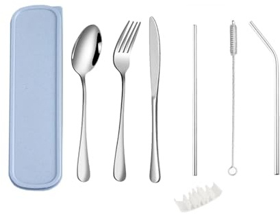 QZLSAYSL Travel Cutlery, Reusable Cutlery Box, 8-Piece Set, Stainless Steel Flatware with Storage Case, Suitable for School, Travel, Camping (Blue)
