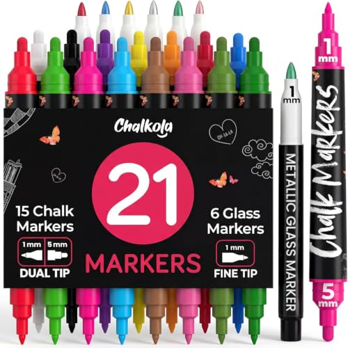 Chalkola Dual Tip Liquid Chalk Pens for Blackboard, Windows, Chalkboard | (21 Pack, 1mm+5mm Fine, Bold Tip) - Wet Erase, Chalk Pens for Mirror Signs, Car Glass, Calendar - Erasable Chalkboard Marker