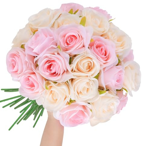 saerryor 32 Pcs Artificial Roses, Fake Roses Artificial Flowers, with Stems Fake Artificial White Pink Roses Silk Flowers, for Home Garden Party Hotel Office Decor