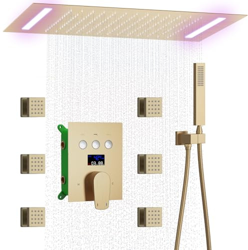 KAITAIHD Brushed Gold Shower Mixer Set 14X20 inch Shower Head System | Temperature Display Shower Faucet, Ceiling Rainfall Shower, 6 Body Jets, Handheld Spray
