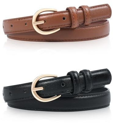 Kajeer Girls Belt 2 Pack, Kids Leather Belt Gold Round Buckle 9 Adjustable Holes Jeans Youth Toddler Belt for Uniform Casual(Black + Brown, L-Waist Size:24-30in/60-76cm)