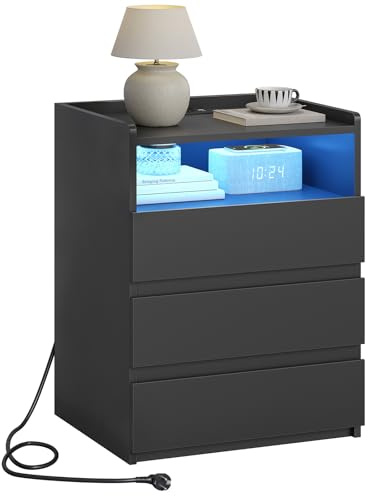 AOGLLATI Nachttisch mit LED-Beleuchtung und Ladestation | Nachtschrank mit Steckdosenleiste & Geräumiger Tischplatte,3 Schubladen &1 Fach Beistelltisch Couchtisch(1, Schwarz)
