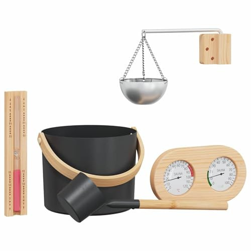 Set di Accessori per Sauna 5 pcs Nero, realizzato in legno di pino massello e alluminio, resistente al calore, con design elegante e minimalista, set secchi sauna, accessori wellness, for sauna e bene