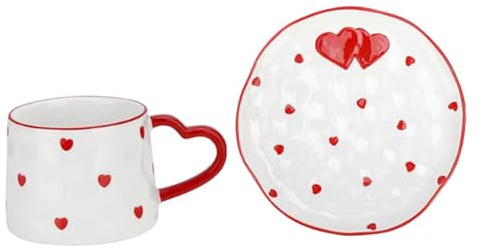 Tofficu Set Tazze da Caffè in Ceramica Piattini, Tazze da Colazione Decorate a Forma di Cuore, Capacità Grande per Tè e Bevande Calde, per Casa, Ufficio e Feste