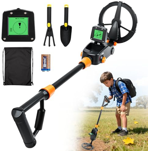 Detector de Metales Niños, Metal Detector con Pantalla LCD e Indicación de Sonido, Bobina de Bsqueda, Incluye Pala, Rastrillo y Mochila para Niños o Principiantes